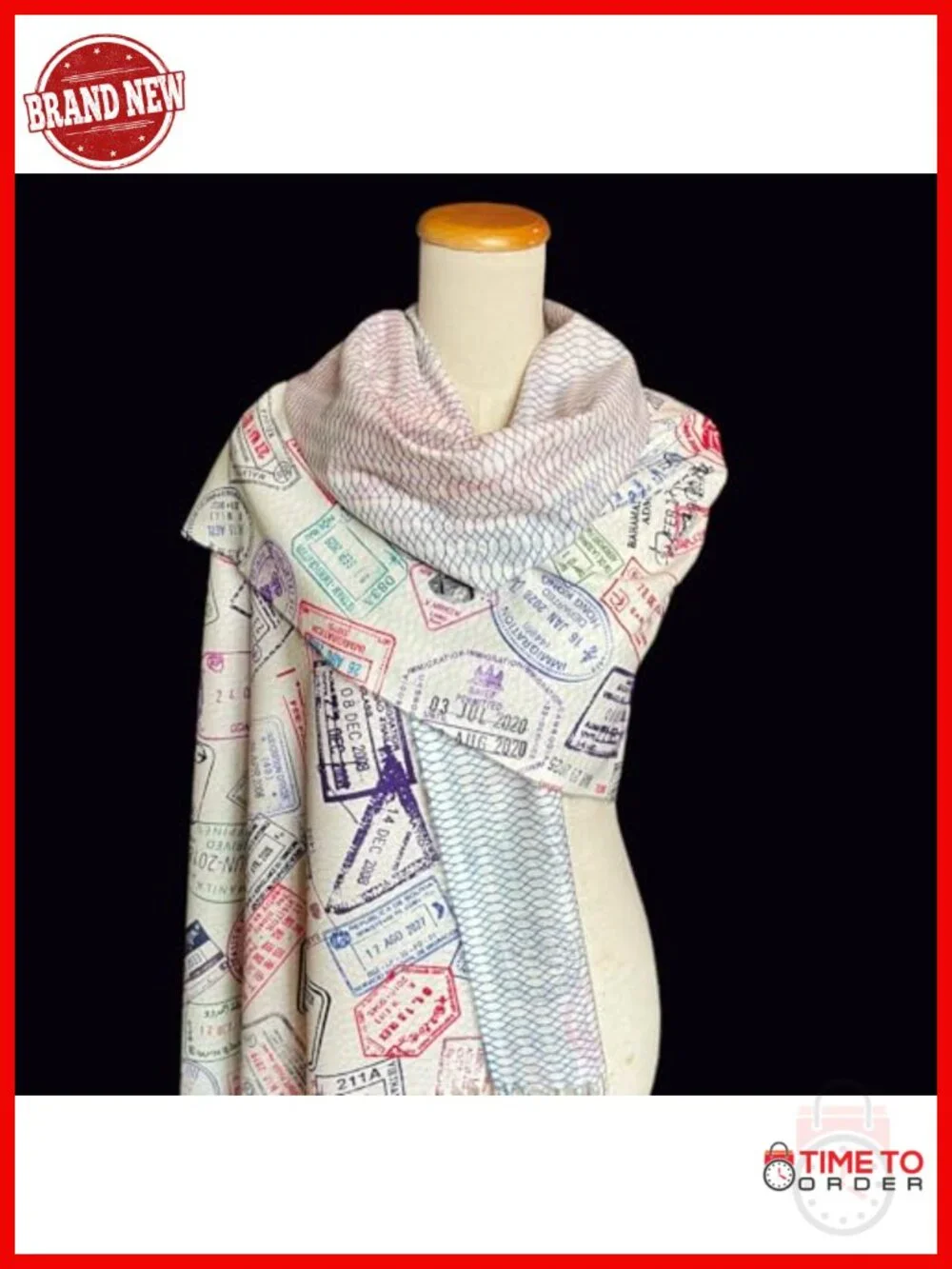 Acrylic Travel Scarf with Passport Stamp Print, Fashion Scarf 72x26 Inches